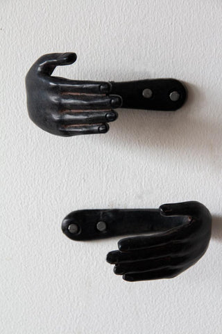 Image of the Set of 2 Black Iron Hand Hooks on wall