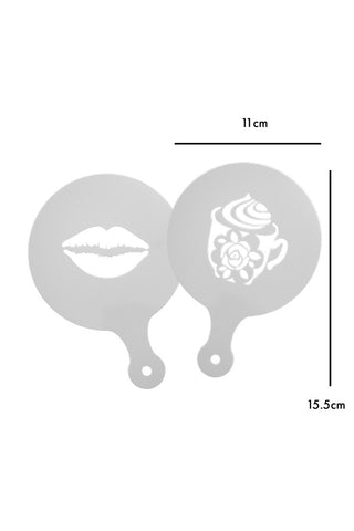Image of the Set Of 2 Lips & Floral Coffee Stencils on a white background with dimensions