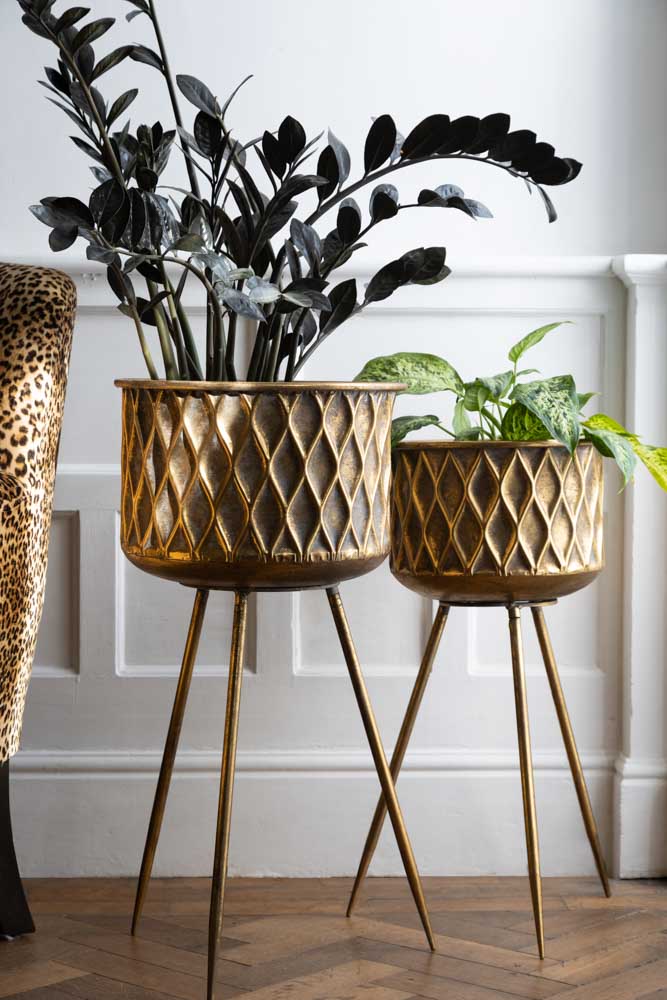 golden plant pot with stand Set Of 2 Antique Brass Planters On Stand
