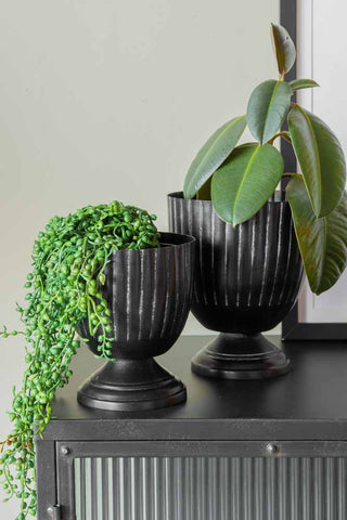 Lifestyle image of the Set Of 2 Black Ribbed Planters