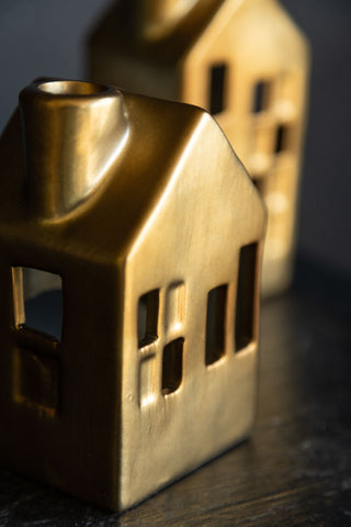 Detail image of the Set Of 3 Gold House Tea Light Holders