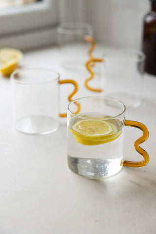 Image of the finish for the Set of 4 Amber Wavy Handle Glass Mugs