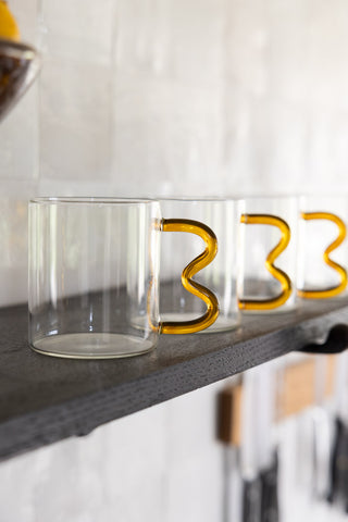 Image of the handle for the Set of 4 Amber Wavy Handle Glass Mugs