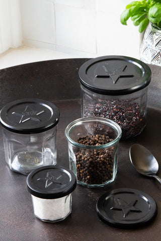 Image of all of the French Marmalade Glass Jars With Black Star Lids
