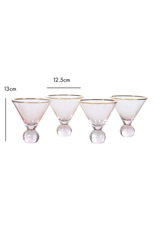 Dimension image of the Set Of 4 Gold Rim Rose Tinted Martini Glasses
