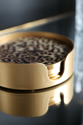 Image of the Set Of 4 Leopard Print Coasters in their holder