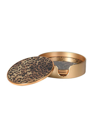 Image of the Set Of 4 Leopard Print Coasters including the holder on a white background