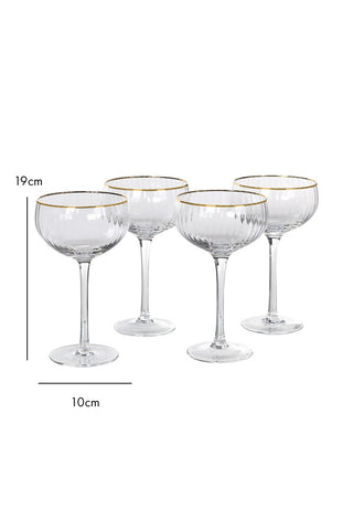 Dimension image of the Set Of 4 Ribbed Champagne Coupe Glasses With Gold Rim