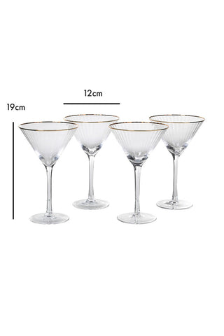 Dimension image of the Set Of 4 Ribbed Martini Glasses With Gold Rim