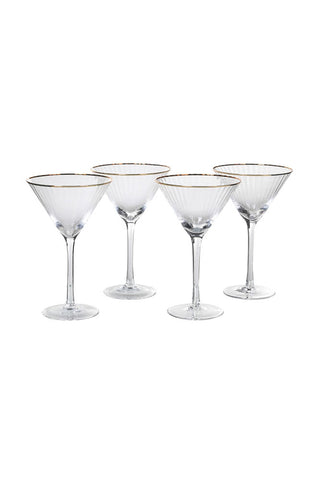 Image of the Set Of 4 Ribbed Martini Glasses With Gold Rim on a white background
