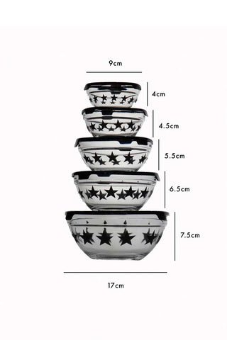 Dimension image of the Set Of 5 Star Print Glass Bowls With Lids on top of each other on a white background with measurements