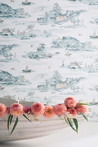 Lifestyle image of the Sian Zeng Ltd Mountains Blue & Peach Wallpaper