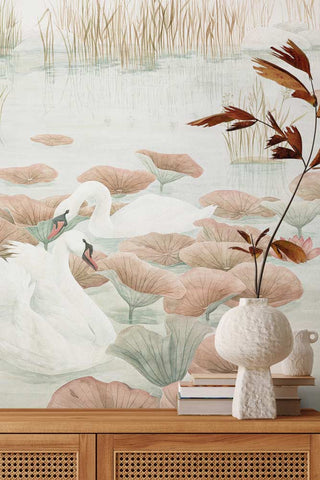 Close-up image of the Sian Zeng Ltd Swan Lake Terracotta Mural Wallpaper