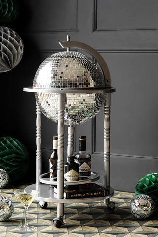 Lifestyle image of the Silver Disco Ball Drinks Trolley Cart
