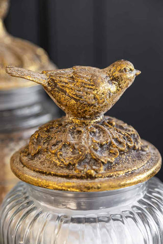 Close-up image of the Round Antique Bird Decorative Glass Jar