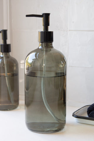 Image of the large Smoked Glass Soap Dispenser Bottle with the black nozzle