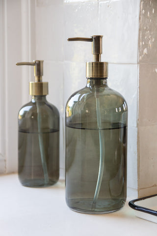 Image of both sizes in the Smoked Glass Soap Dispenser Bottles