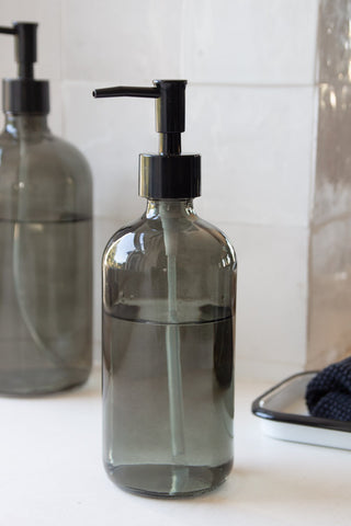 Image of the small Smoked Glass Soap Dispenser Bottle with the black nozzle