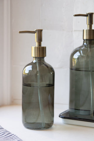 Image of the small Smoked Glass Soap Dispenser Bottle with the gold nozzle