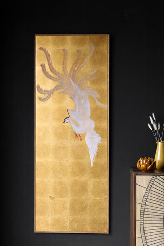 Image of the Spectacular Gold Bird Wall Art hanging on the wall