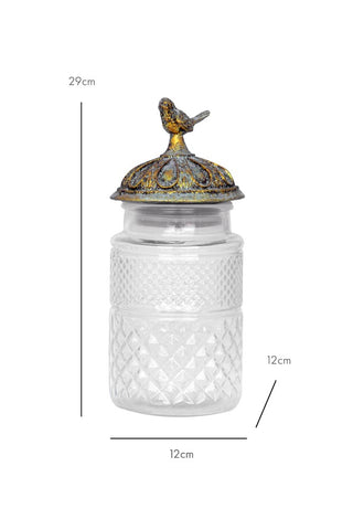 Image of the Tall Antique Bird Decorative Glass Jar on a white background with dimensions