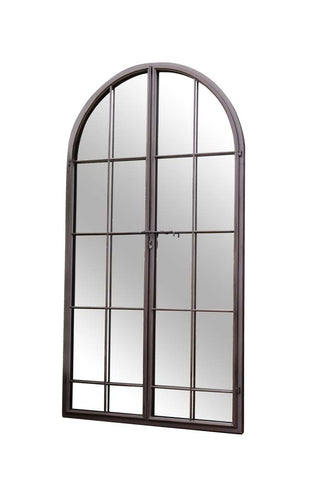 Image of the Tall Black Arch Indoor/Outdoor Window Pane Mirror With Opening Doors on a white background
