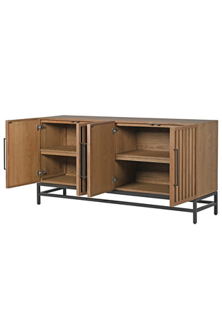 Image of the Timber Strips Sideboard with the doors open on a white background