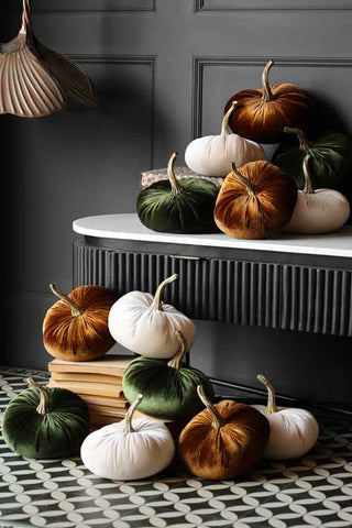 Lifestyle image of the Ivory White Velvet Pumpkin with Green and Golden Brown pumpkins