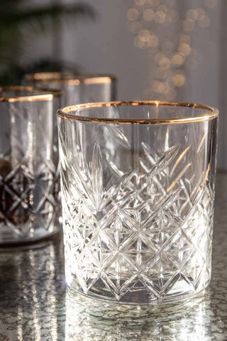Close-up image of the Vintage Cut Glass Tumbler With Gold Rim