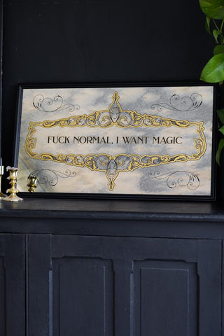 Lifestyle image of the Vintage-Style Fuck Normal, I Want Magic Typography Mirror