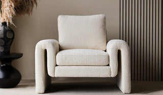 Landscape image of the Ivory Boucle Fabric Curved Arm Armchair