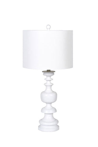 Image of the White Turned Wood Table Lamp With Linen Lamp Shade on a white background