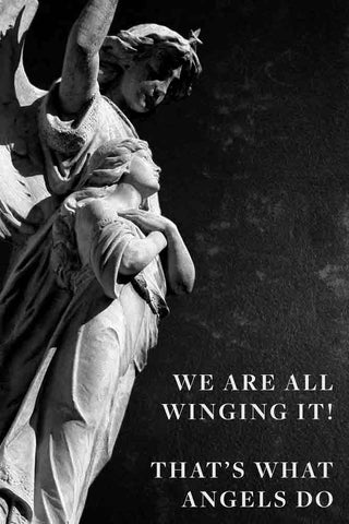 detail Image of the Framed Winging It Art Print black and white statue with modern white text