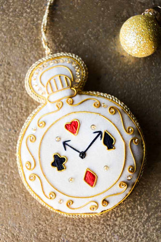 Close-up image of the Wonderland Don't Be Late Clock Christmas Decoration