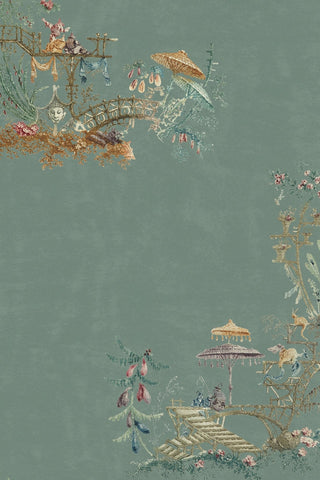Blue wallpaper with gold, beautiful and delicate chinoiserie patterns.