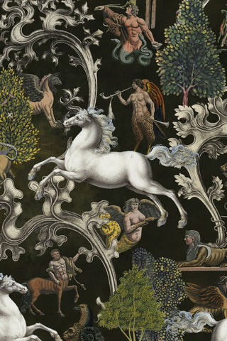 Black wallpaper with renaissance style white horses, cherubs and other mythical creatures.