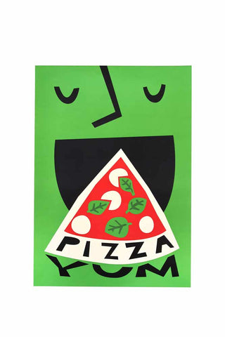 Image of the Yum Pizza By Fox & Velvet A2 Art Print With Black Wooden Frame on a white background