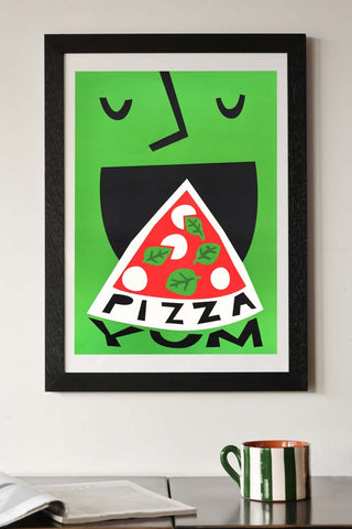 Lifestyle image of the Yum Pizza By Fox & Velvet A2 Art Print With Black Wooden Frame
