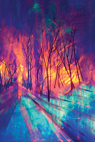 detail image of elli popp a forest into the trees wallpaper - night purple yellow and blue bright tree scene