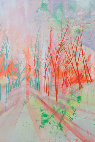 detail image of elli popp a forest into the trees wallpaper - day neon red and green tree scene with white background