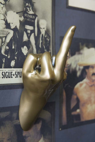 A gold wall mounted hook that is a life size hand with the middle finger up in a swearing position. 