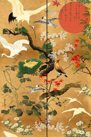 Gold wallpaper with oriental style flowers, plants and birds.