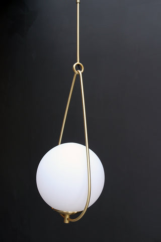 detail image of side of globe pearl drop ceiling light with dark wall background