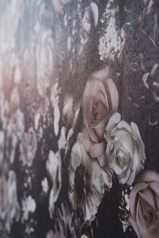 Close up image of floral wallpaper, in a blush pink colourway. 