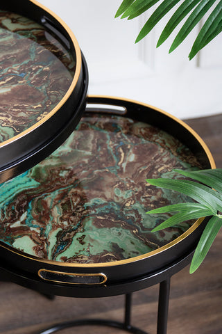Close-up image of the Set Of 2 Marble Effect Tray Side Tables