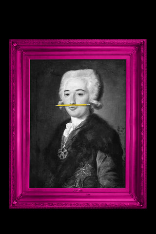 lifestyle image of the yellow pencil canvas with printed frame black and white portrait with yellow pencil in mouth and pink frame on black background