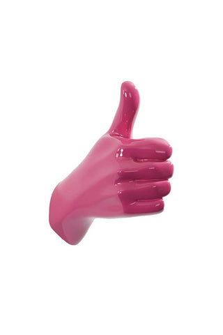 Wall mounted pink hand hook in the thumbs up position. 