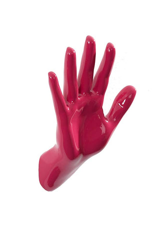 An image of a pink hand hook on a white background.