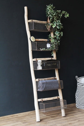 Lifestyle image of the Wooden Ladder With 5 Basket Shelves with trailing plant on top shelf and other accessories inside with black and white striped basket on wooden floor and with dark wall background