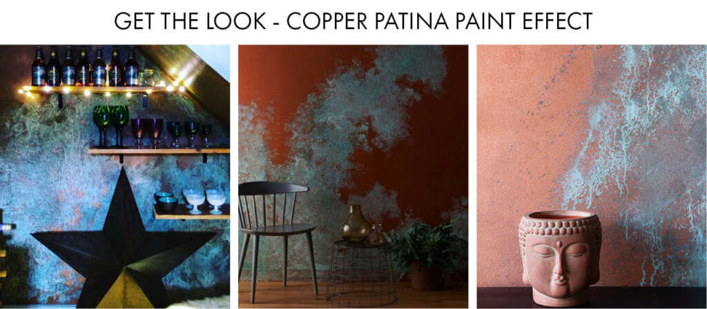 A collage of Craig & Rose Artisan Copper Patina Effect Interior schemes.  